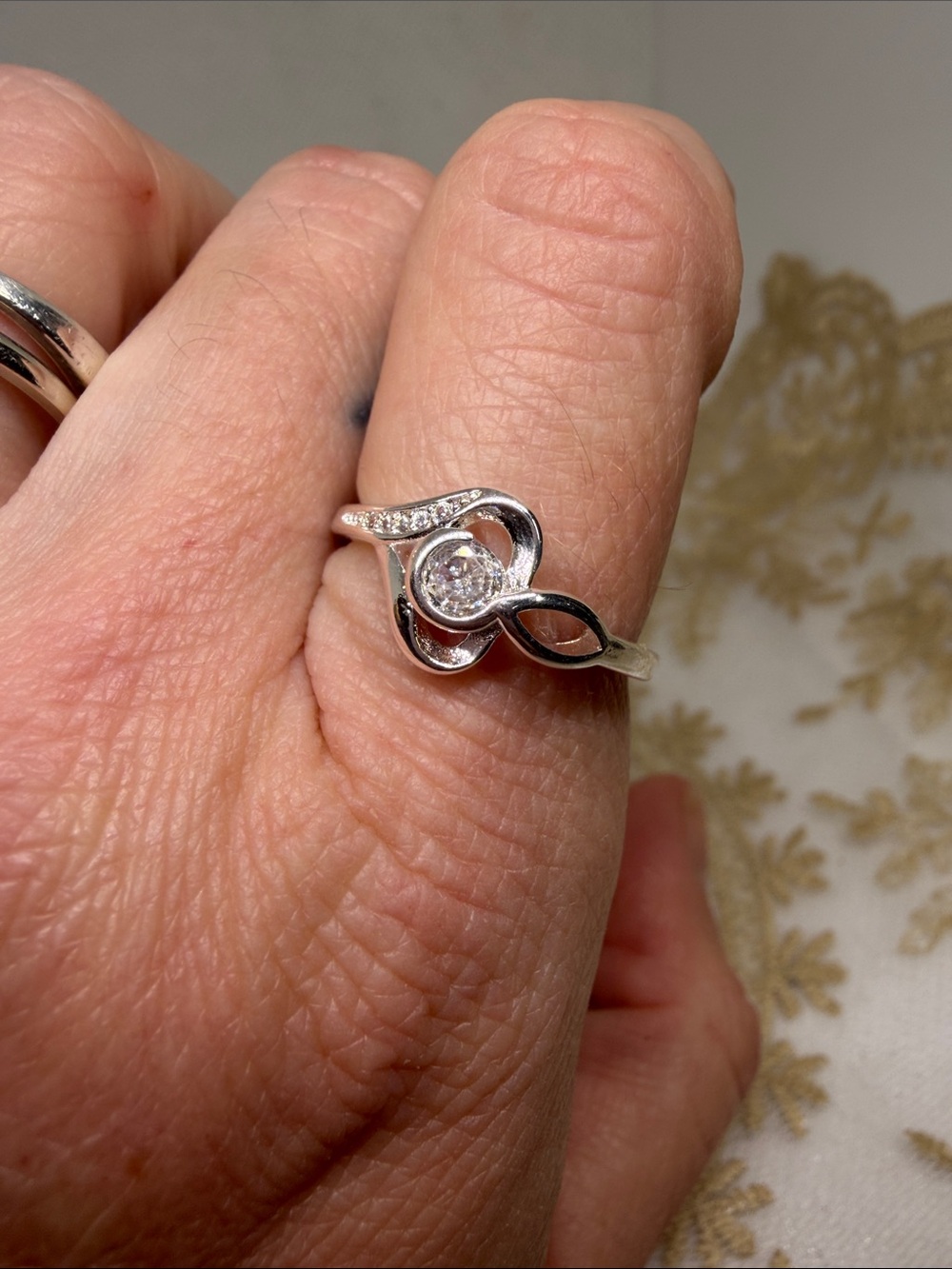 925 Sterling Silver Sculptural Heart and Infinity with Floating CZ Ring Size 8